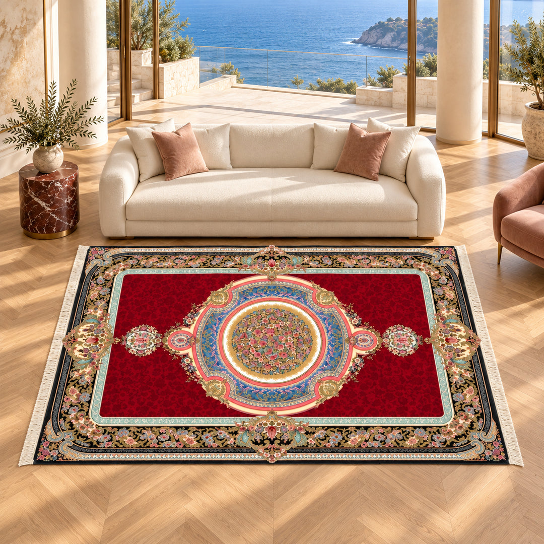 AI-styled lifestyle view of Silk Petal Crimson, 300 × 200 cm, with the long edge across the seating. Refer to the original product photo for exact textile detail and color.