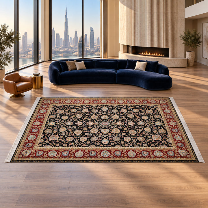 AI-styled lifestyle view of Flower Rain Navy Blue silk rug in a luxury penthouse. Refer to the original product image for exact rug details and color.
