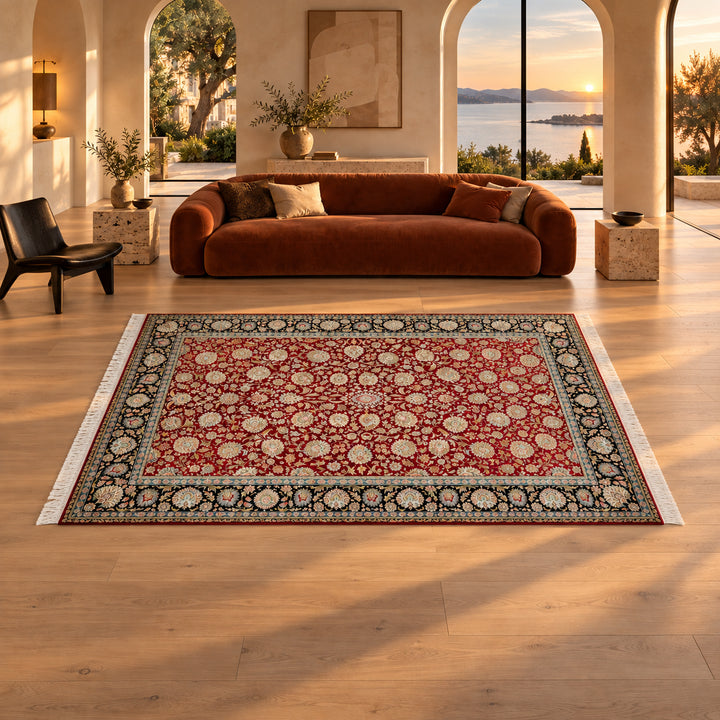 AI-styled lifestyle view of Flower Rain Crimson silk rug in a luxury waterfront villa. Refer to the original product image for exact rug details and color.
