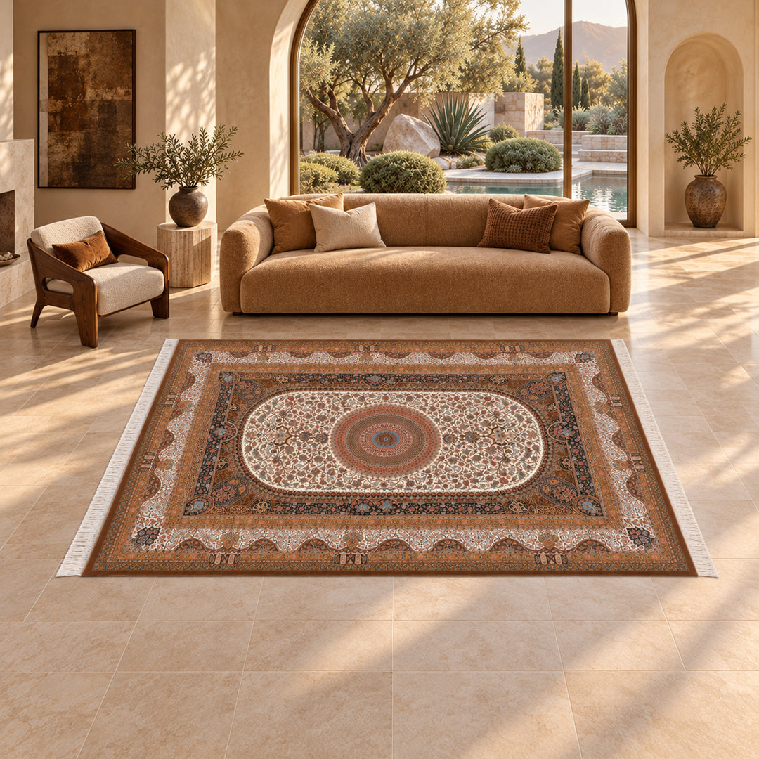 AI-styled lifestyle view of Silk Rhythm Cream silk rug, 300 × 200 cm variant (SKU17RD137-0076), in a luxury villa. Refer to original product image for exact rug details and color.