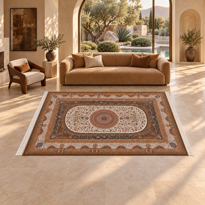 AI-styled lifestyle view of Silk Rhythm Cream silk rug, 300 × 200 cm variant (SKU17RD137-0076), in a luxury villa. Refer to original product image for exact rug details and color.