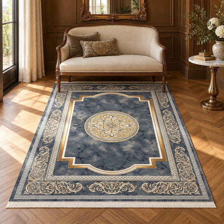 AI-generated interior visualization — 15RD095-0364 — rug 225 x 150 cm; illustrative staging.