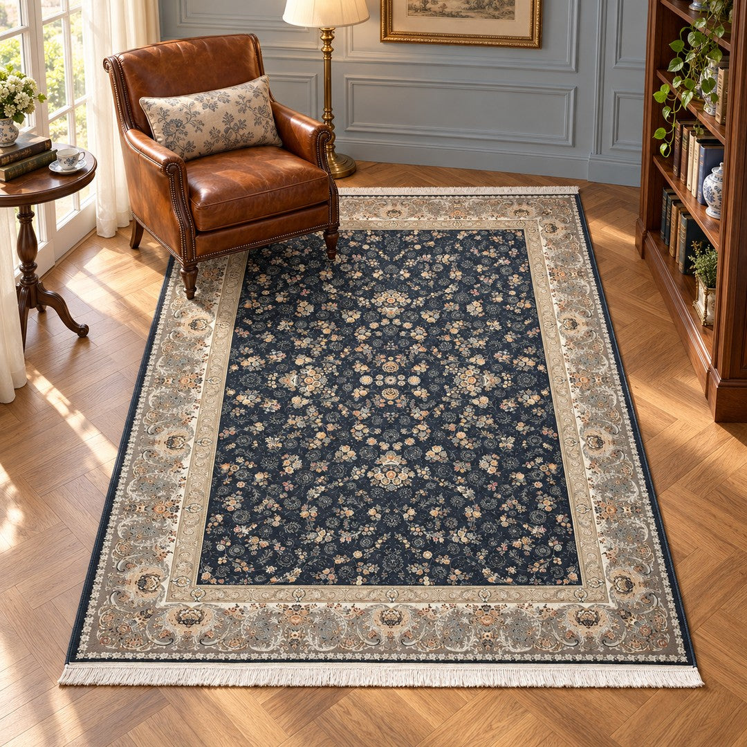 AI-generated interior visualization — 15RD115-0370 — rug 225 x 150 cm; illustrative staging.
