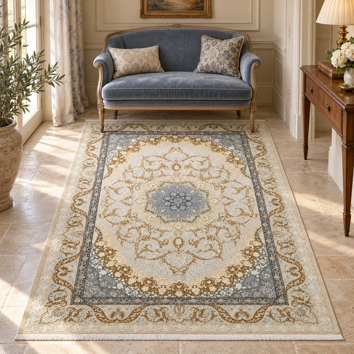 AI-generated interior visualization — 15RD125-0367; woven rug 225 x 150 cm. Illustrative scale.