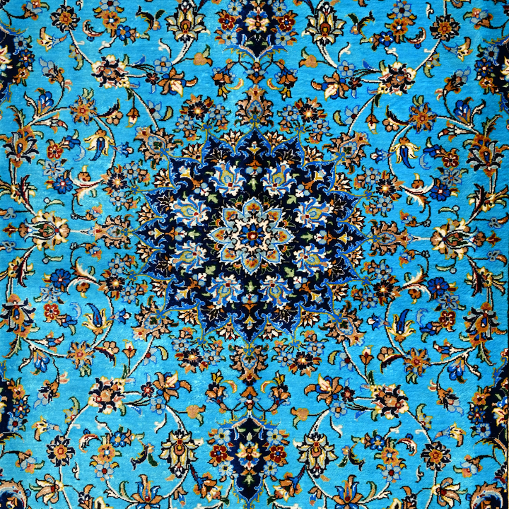Central Medallion Persian handmade silk rug in Blue, 142 × 97 cm