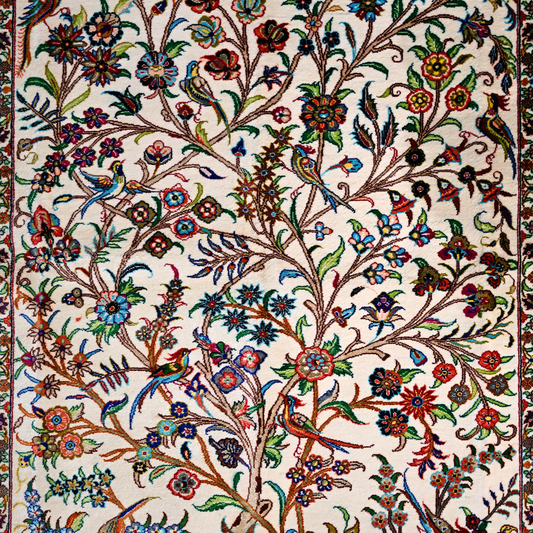 Life Tree Persian handmade silk rug in Cream, 147 × 98 cm