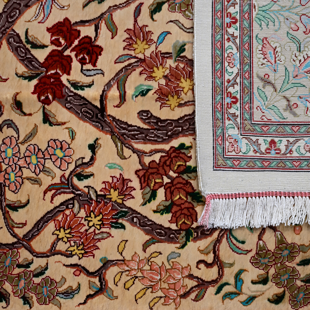 Life Tree Persian handmade silk rug in Beige, 123 × 83 cm