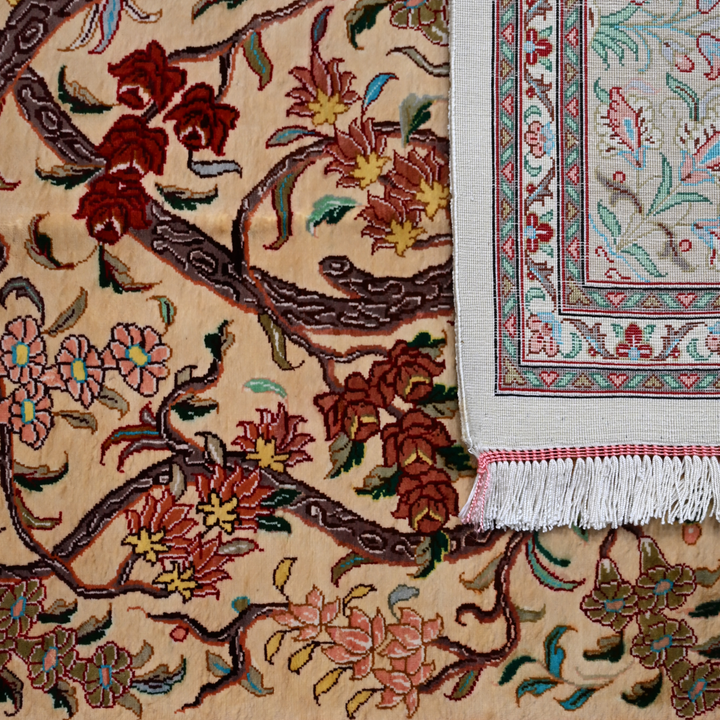 Life Tree Persian handmade silk rug in Beige, 123 × 83 cm
