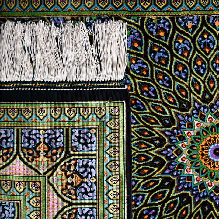 Islamic Persian handmade silk rug in Black, 125 × 78 cm