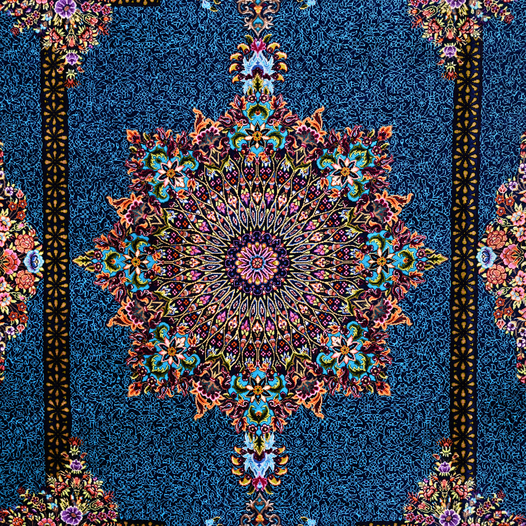 Corner Medallion Persian handmade silk rug in Blue, 150 × 100 cm