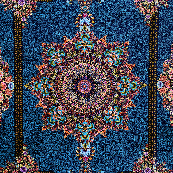 Corner Medallion Persian handmade silk rug in Blue, 150 × 100 cm