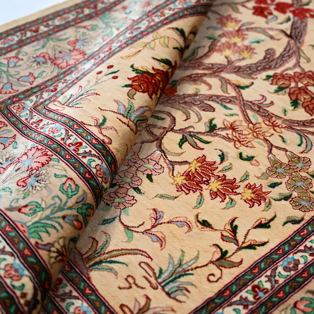 Life Tree Persian handmade silk rug in Beige, 123 × 83 cm