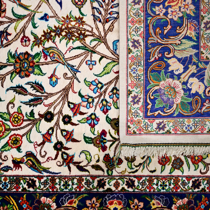 Life Tree Persian handmade silk rug in Cream, 147 × 98 cm