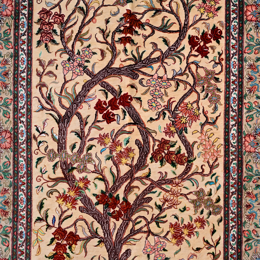 Life Tree Persian handmade silk rug in Beige, 123 × 83 cm