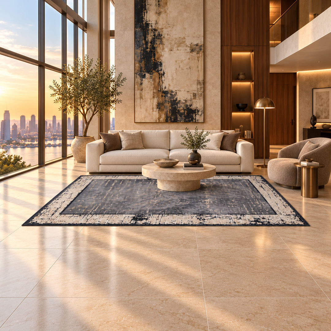 Axis Move Navy Blue 300 x 200 cm rug in an AI-styled luxury modern penthouse; illustrative interior visualization. Refer to the original product photograph for exact rug details.