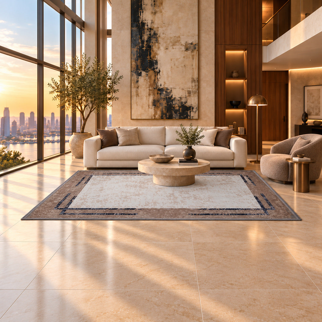 Core Base Brown 300 x 200 cm rug in an AI-styled luxury modern penthouse; illustrative interior visualization. Refer to the original product photograph for exact rug details.
