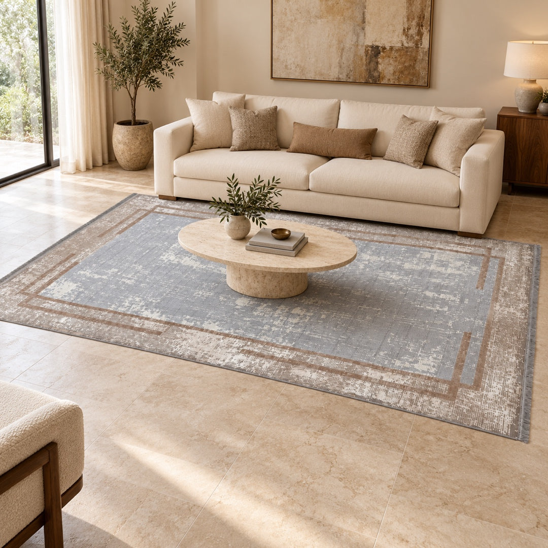 Core Base silver rectangular 300 x 200 cm carpet in an AI-styled living room