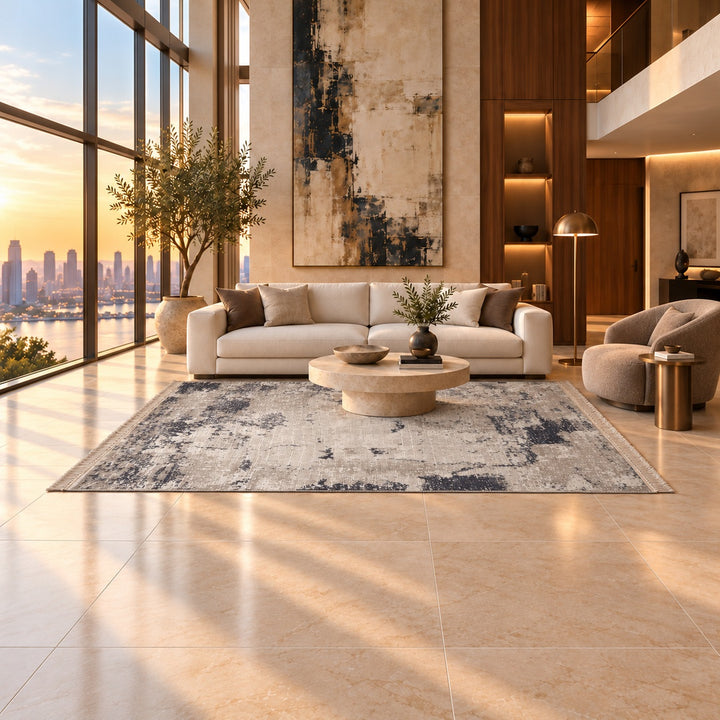 Deep Form Turquoise 300 x 200 cm rug in an AI-styled luxury modern penthouse; illustrative interior visualization. Refer to the original product photograph for exact rug details.