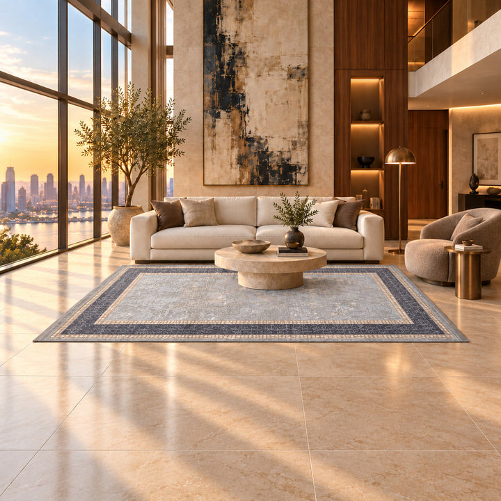 Panel Form Silver 300 x 200 cm rug in an AI-styled luxury modern penthouse; illustrative interior visualization. Refer to the original product photograph for exact rug details.