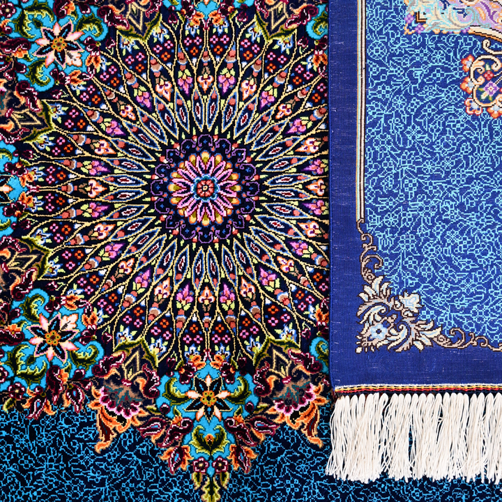 Corner Medallion Persian handmade silk rug in Blue, 150 × 100 cm