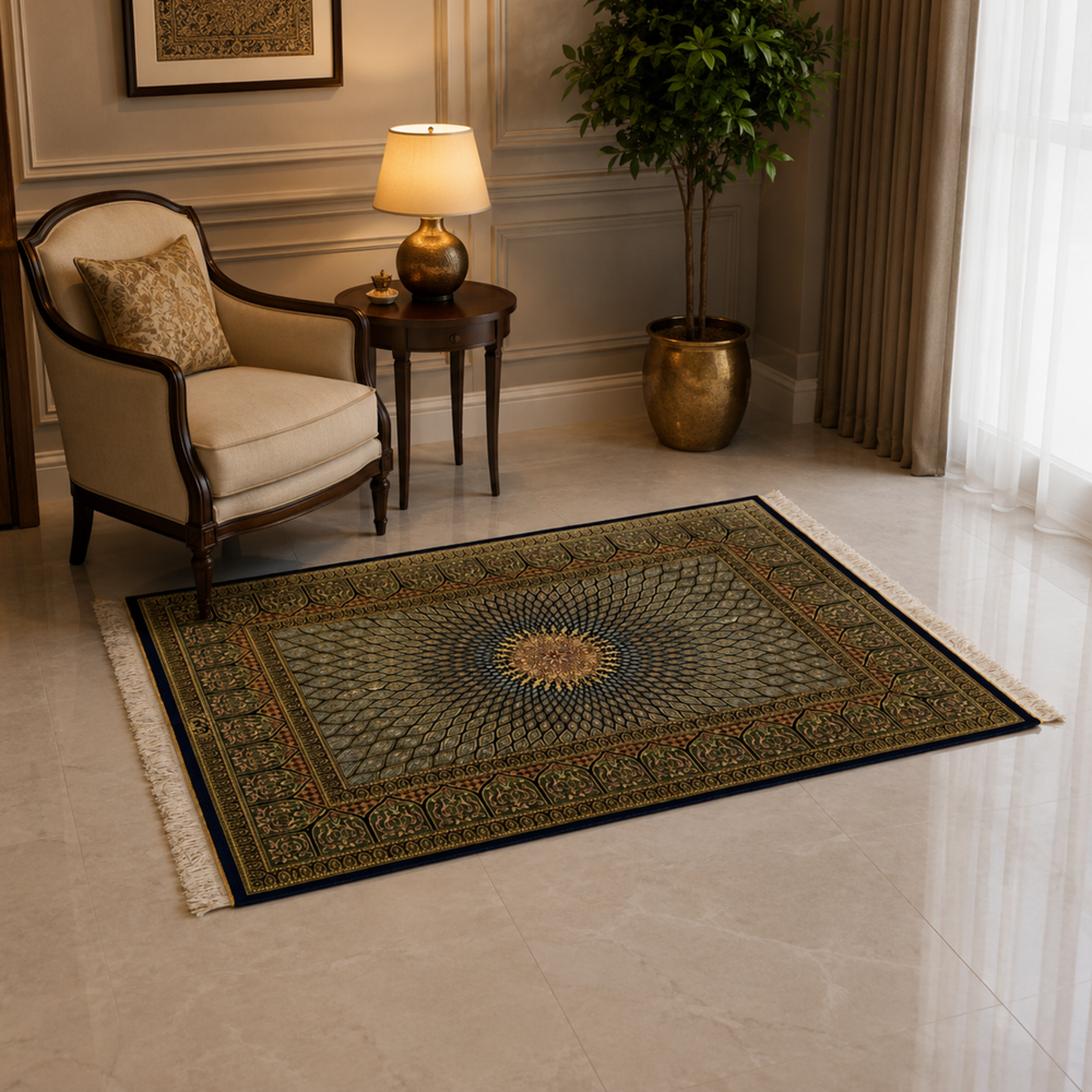 Islamic Persian handmade silk rug in Dark Blue, 121 × 78 cm