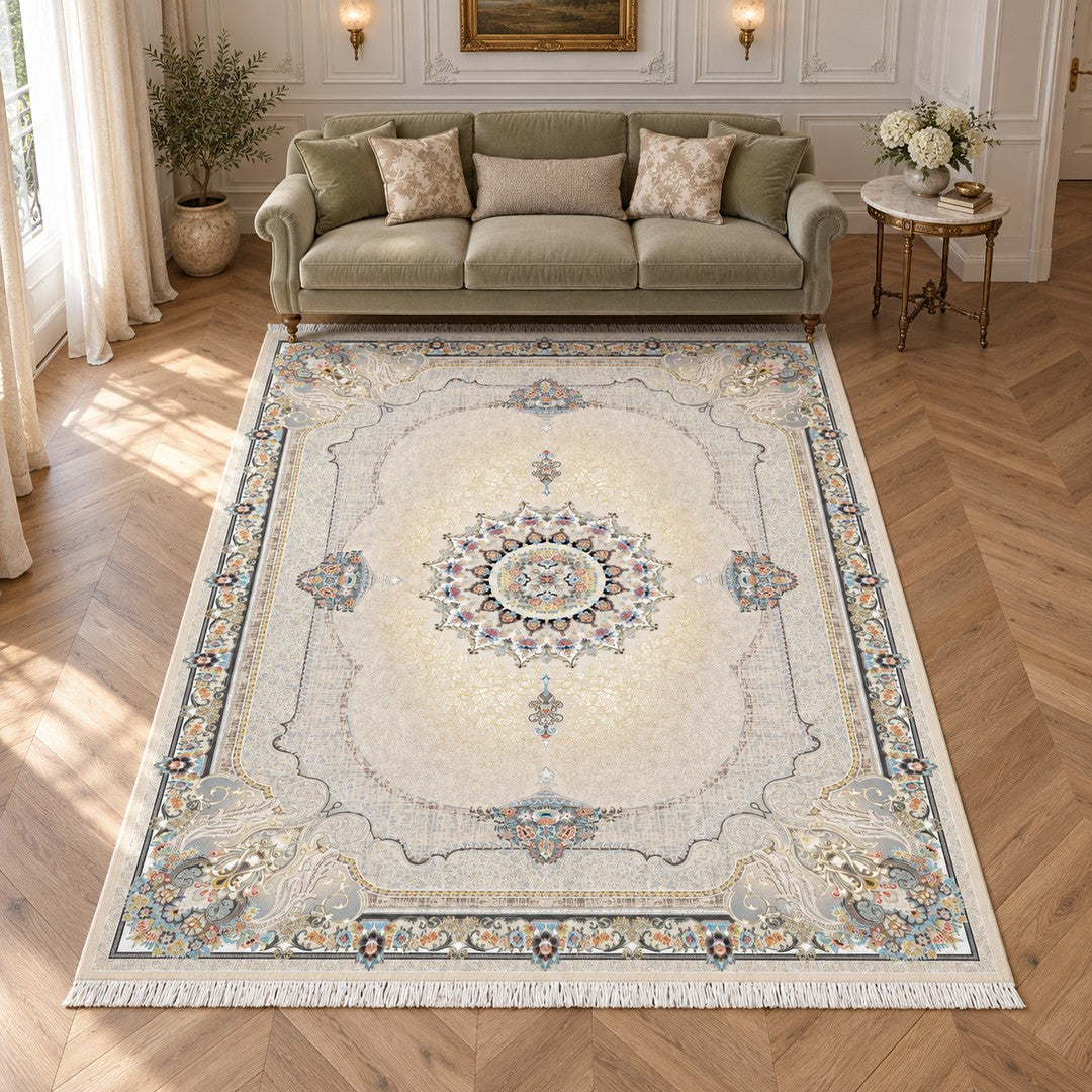 AI-generated interior visualization — 7RD042-0390 — rug 300 x 200 cm; illustrative staging.
