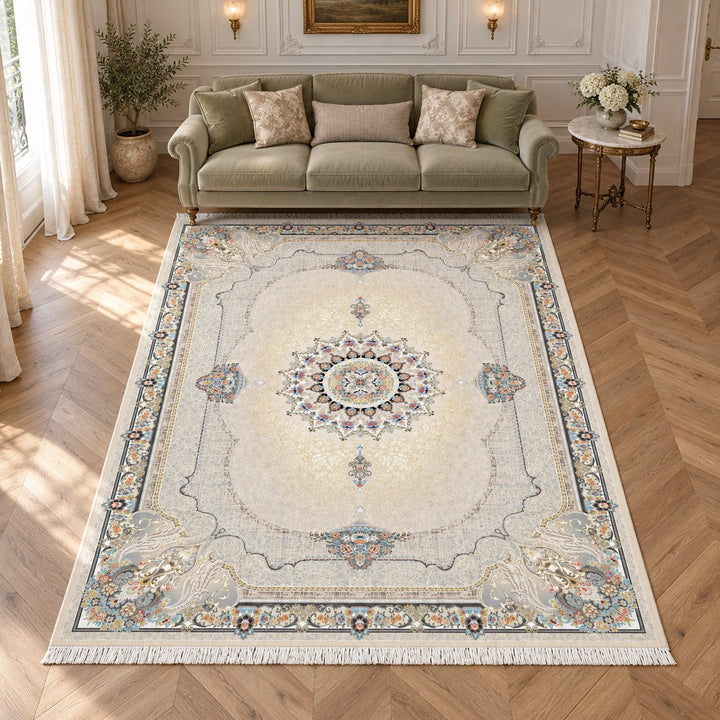 AI-generated interior visualization — 7RD042-0390 — rug 300 x 200 cm; illustrative staging.