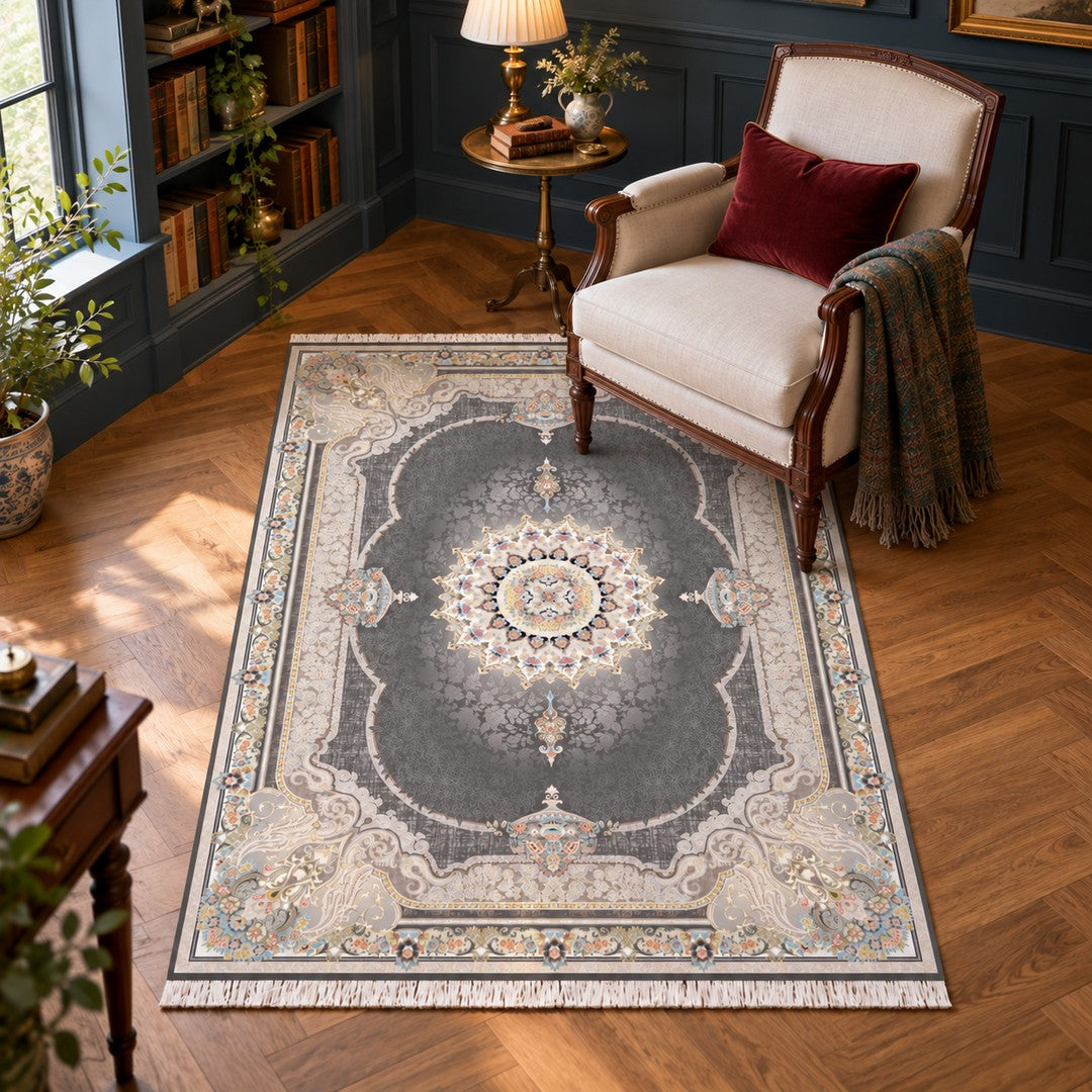 AI-generated interior visualization — 7RD042-0394 — rug 225 x 150 cm; illustrative staging.