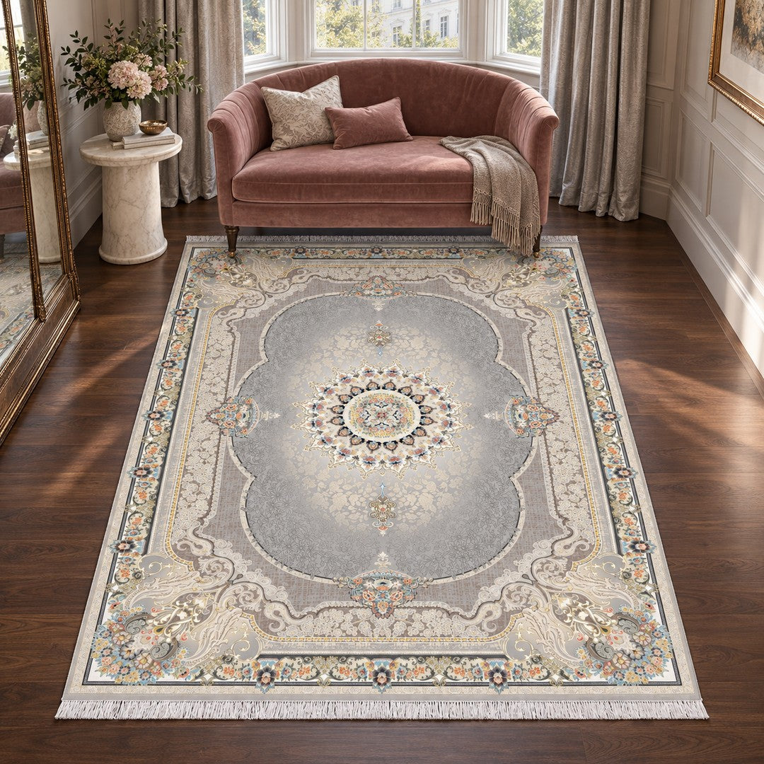 AI-generated interior visualization — 7RD042-0397 — rug 225 x 150 cm; illustrative staging.