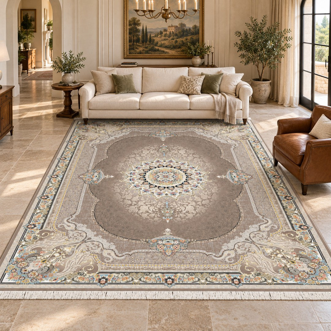 AI-generated interior visualization — 7RD042-0398 — rug 400 x 300 cm; illustrative staging.