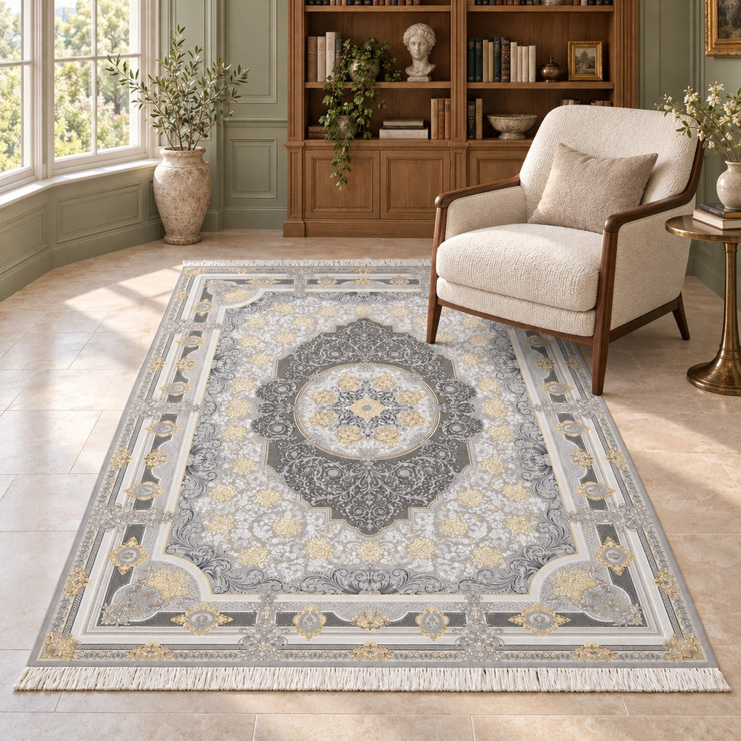 AI-generated interior visualization — 7RD091-0418 — rug 225 x 150 cm; illustrative staging.
