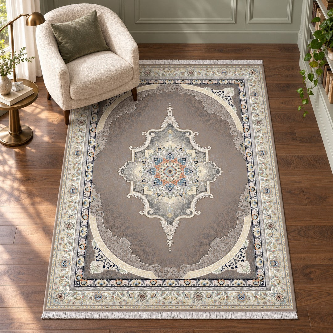 AI-generated interior visualization — 7RD121-0415; woven rug 225 x 150 cm. Illustrative scale.