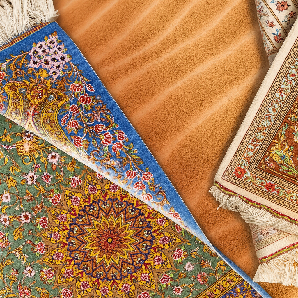 Close-up of various patterned rugs with intricate designs.