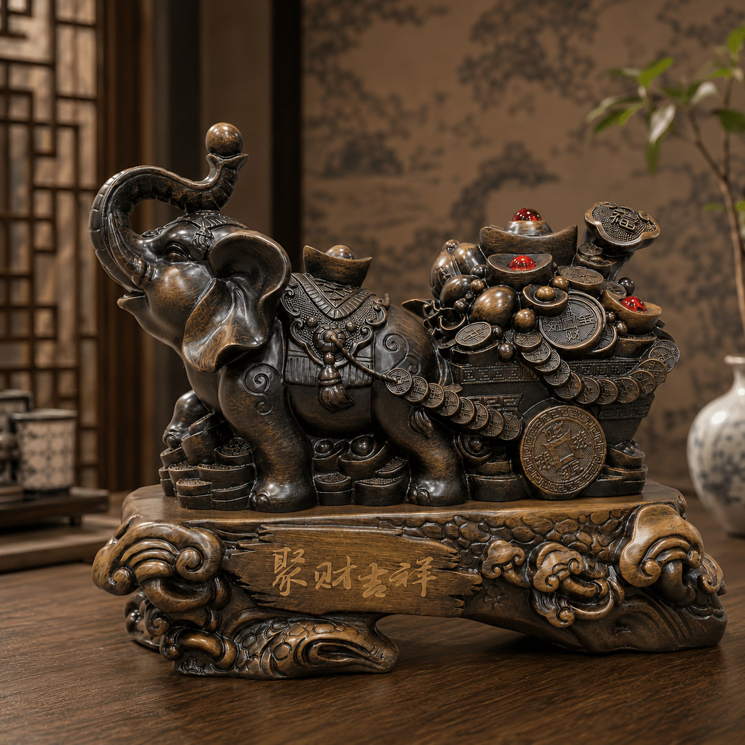 Temu supplier image of the brown wood-grain-style lucky elephant with treasure cart, red accents and ornate base, side view.