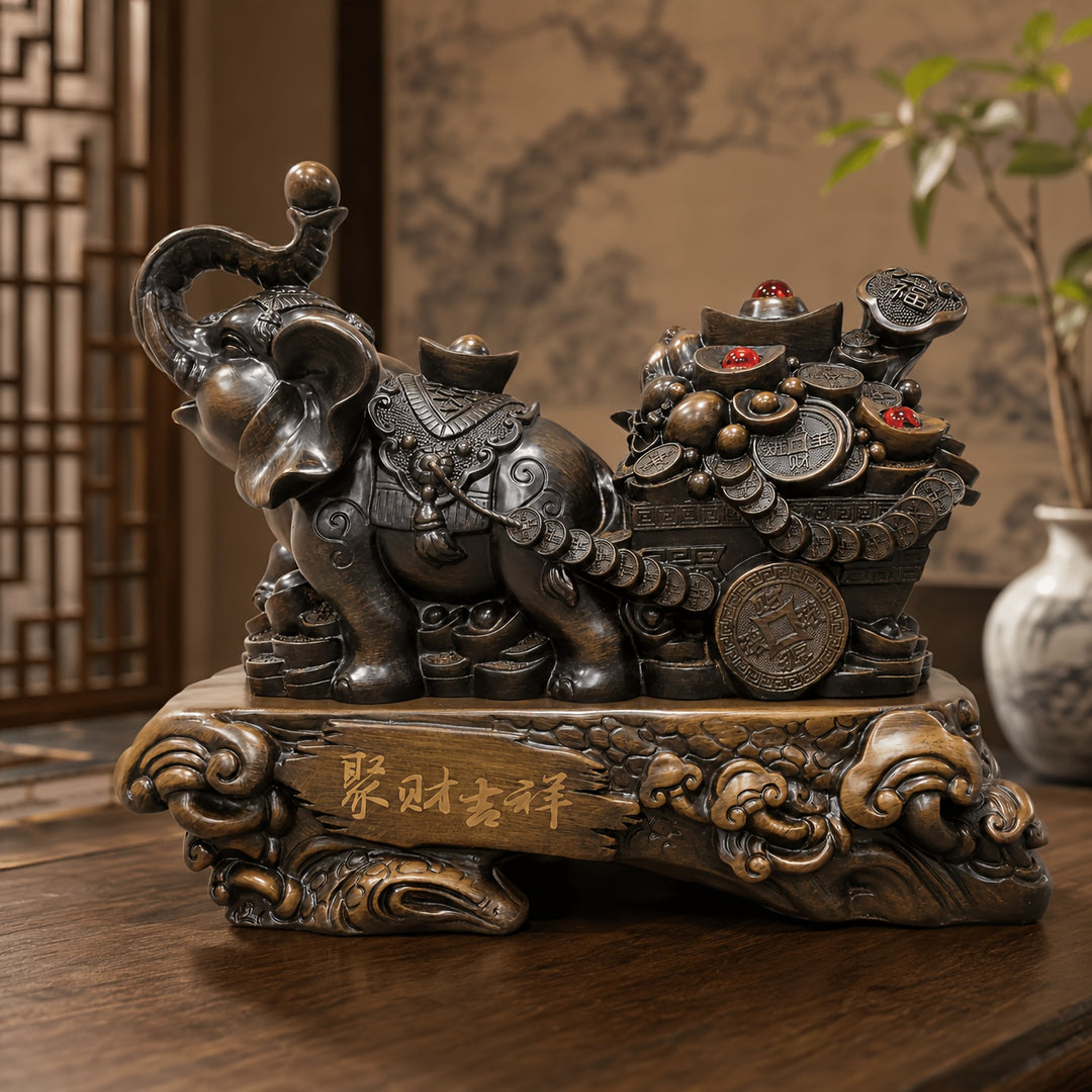 Temu supplier image of the brown wood-grain-style lucky elephant with treasure cart and ornate base, alternate front-side view.