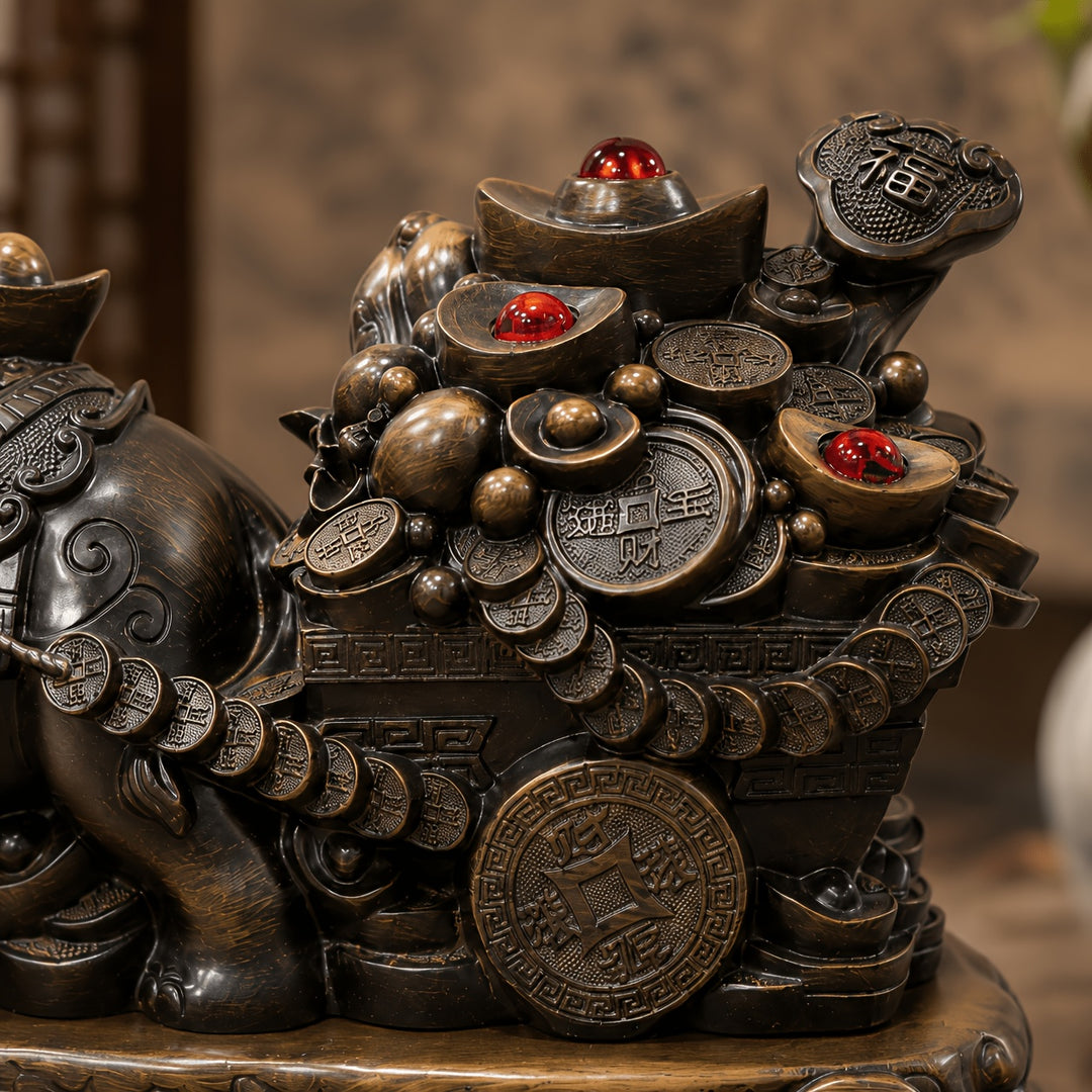 Temu supplier close-up of the lucky elephant's treasure cart, decorative coins, ingots and red accents.