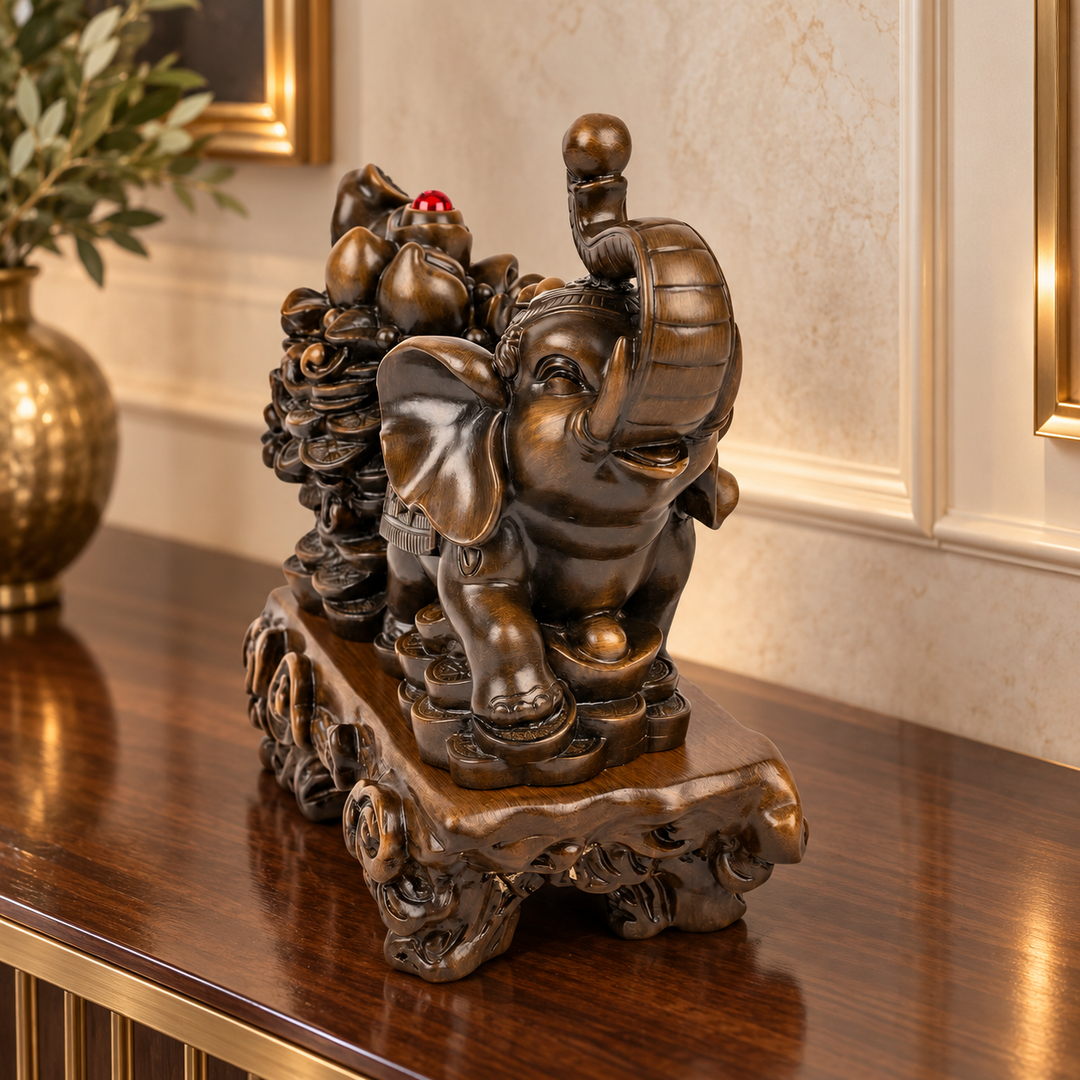 AI-styled decorative interior visualization of Lucky Elephant – Antique – Brown, SKU AC-1033. Illustrative setting, not a customer installation or measurement; refer to original product photo for exact design and detail.
