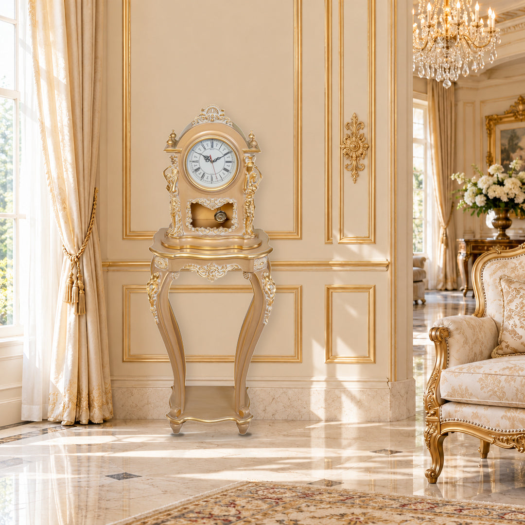 Royal Clock with Stand – Gold in a royal-style living room, AI-styled setting