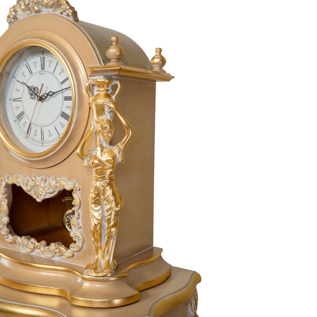 Royal Clock with Stand – Gold, three-quarter close-up of clock and dial