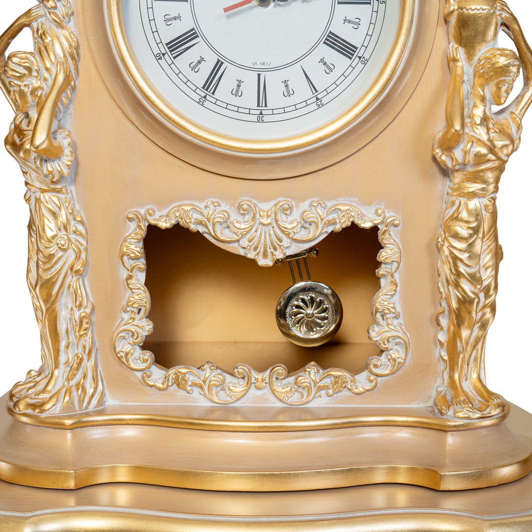 Royal Clock with Stand – Gold, close-up of decorative lower clock opening