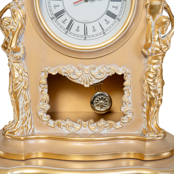 Royal Clock with Stand – Gold, close-up of decorative lower clock opening