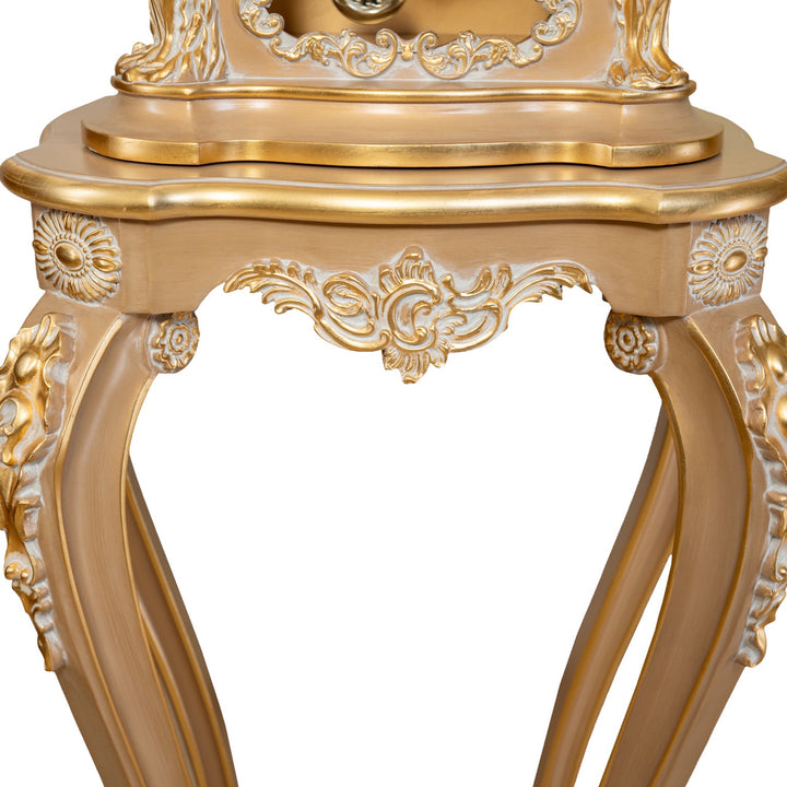 Royal Clock with Stand – Gold, ornate pedestal and lower shelf detail