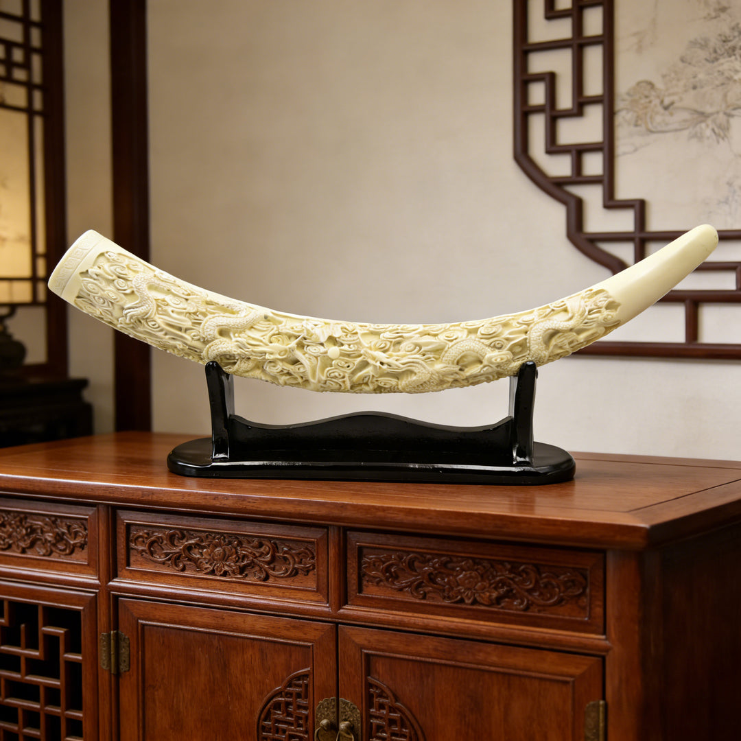 Temu supplier image of the off-white dragon-relief sculpture on its black display stand, front view.