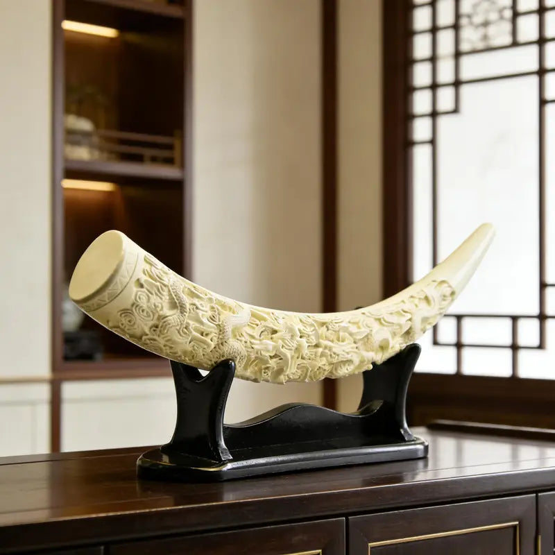 Temu supplier image of the off-white dragon-relief sculpture and black stand from an angled side view.