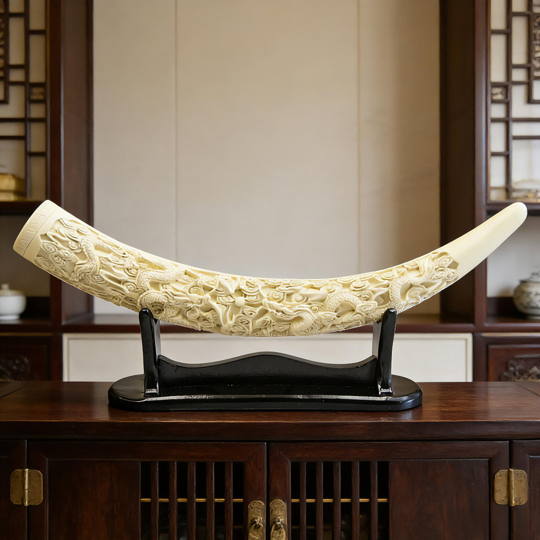 Temu supplier image of the off-white dragon-relief sculpture on its black stand, alternate front display view.