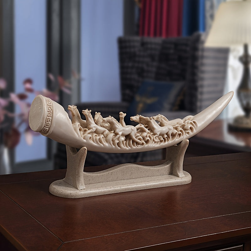 Supplier photograph of the off-white eight running horses resin sculpture and stand, angled tabletop view.