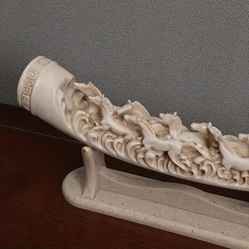 Supplier close-up of the running horses relief and textured display stand on AC-1036.