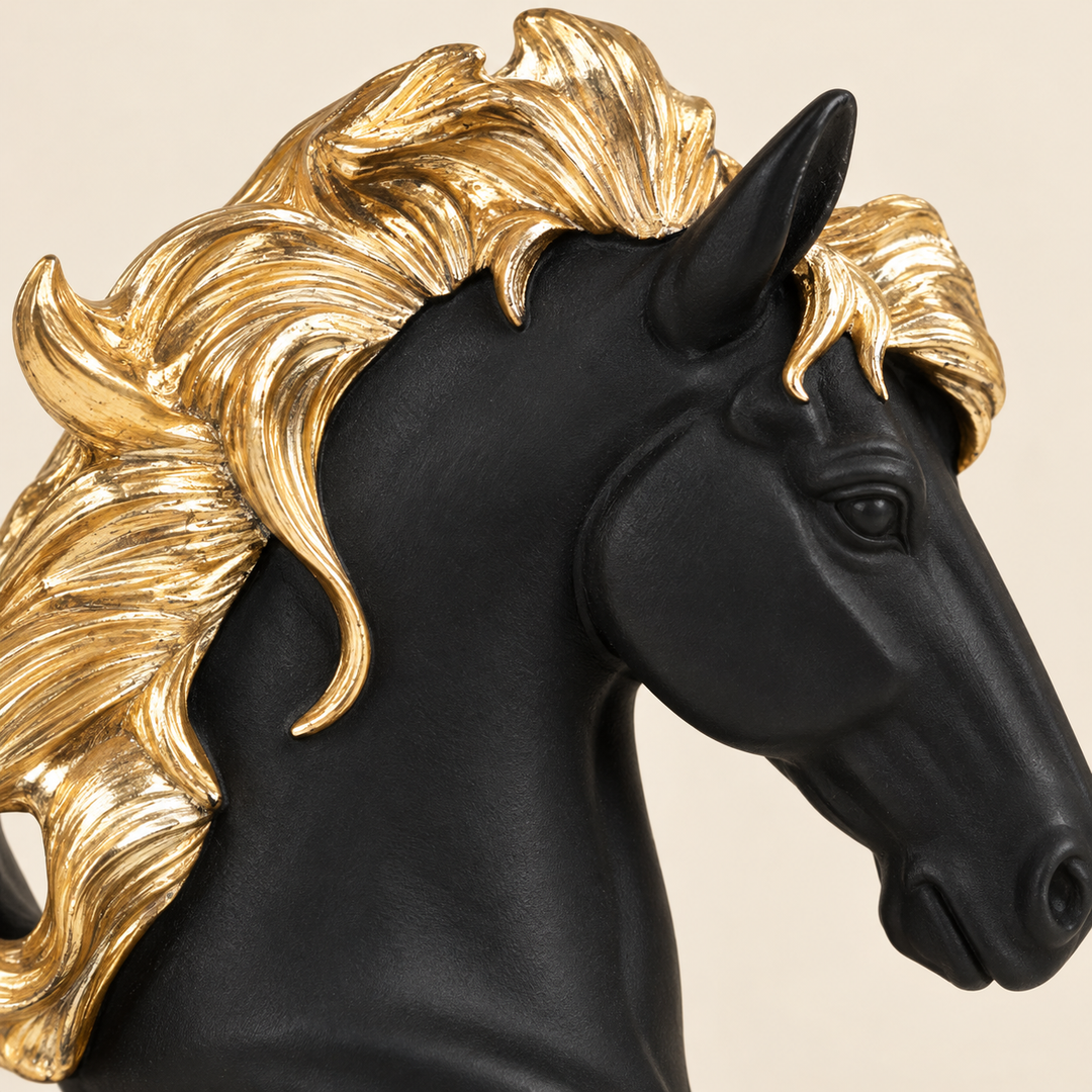 AI-styled detail of the black resin knight and gold-tone mane.