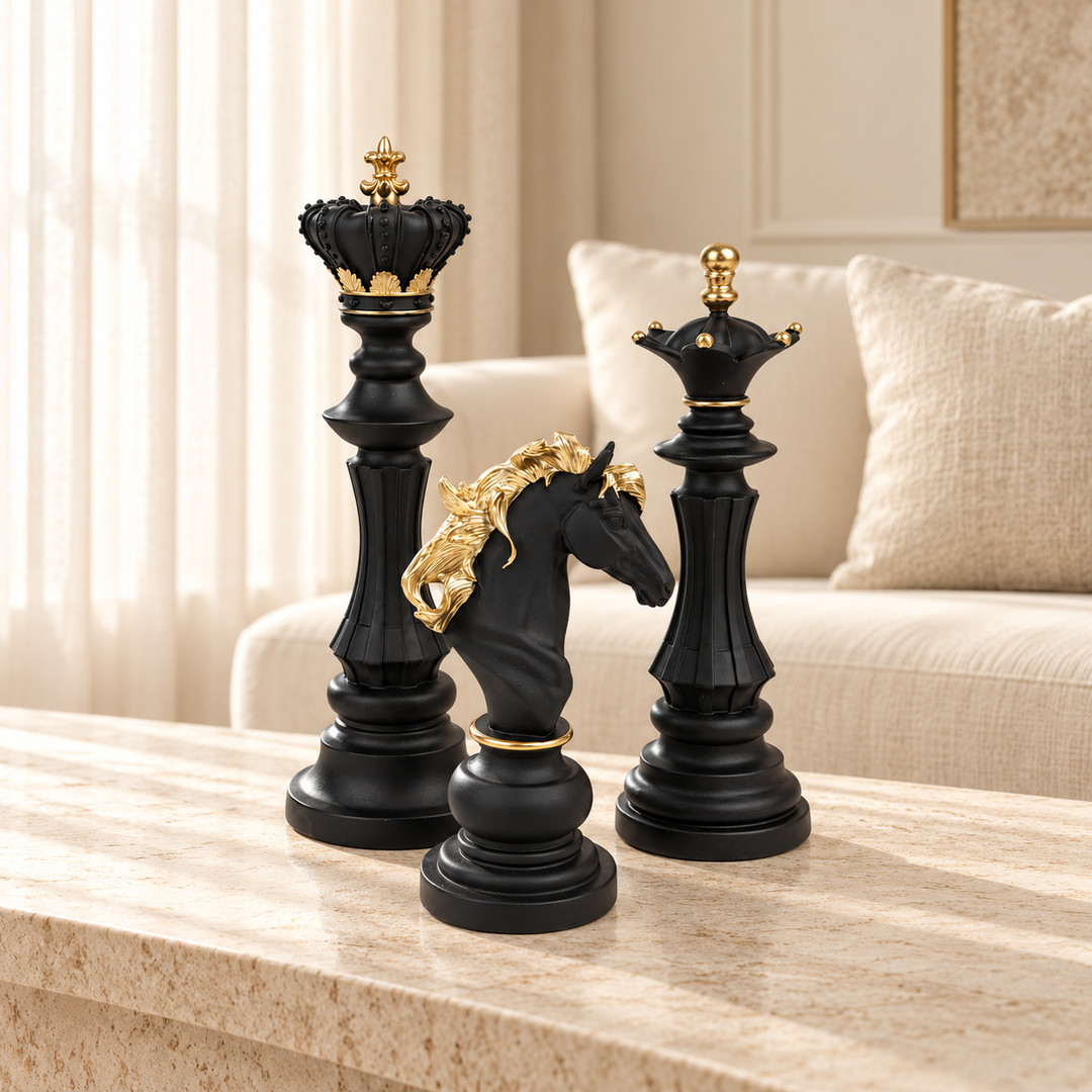 AI-styled product visualization. AI interior styling of the three-piece black and gold-tone Royal Chess Set in a cream living room.