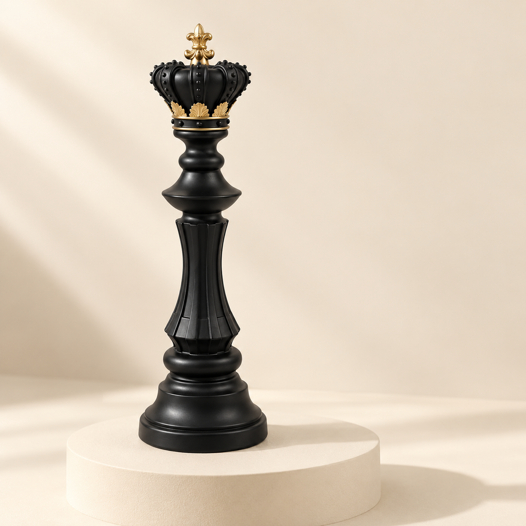 AI-styled product visualization. Single king detail from the three-piece Royal Chess Set on a cream display plinth.